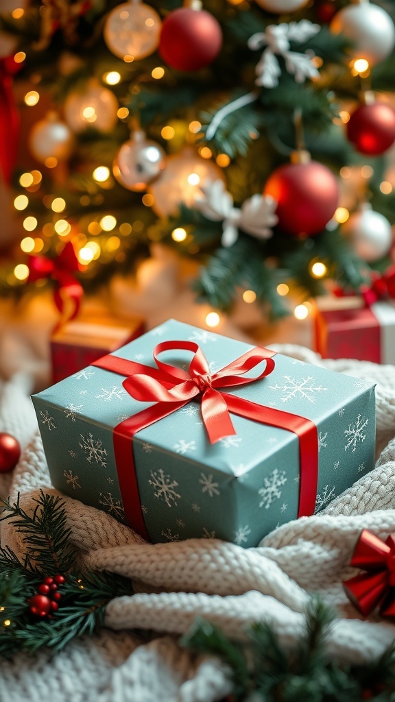A wrapped Christmas gift box with a red ribbon, surrounded by holiday decorations and a Christmas tree.